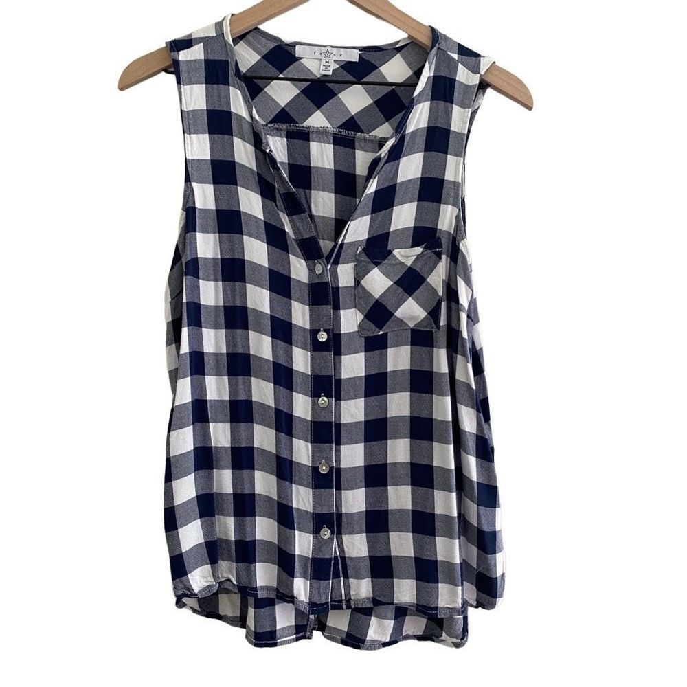 Fever Medium Plaid Sleeveless Button Down Tank Top Navy Blue White Check